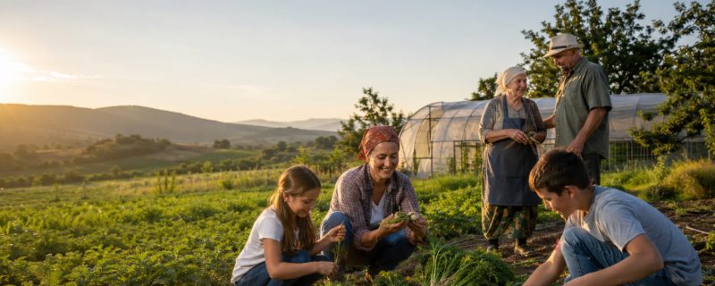 A family harvesting vegetables on a smallholding at sunrise