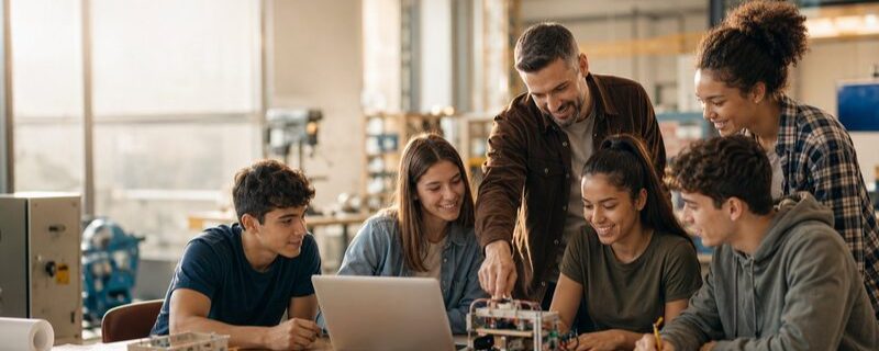 Students and an instructor working on an engineering project in a technical workshop