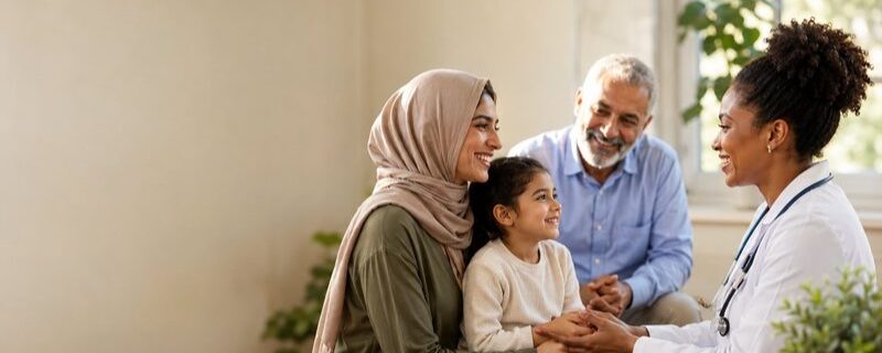 A doctor consulting with a mother, child and grandfather in a clinic