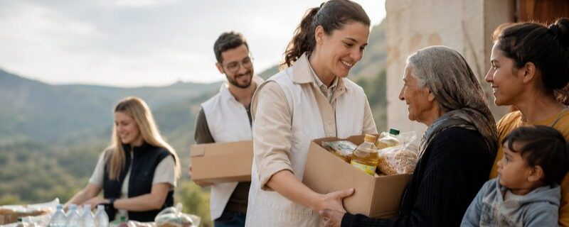 Aid workers distributing food parcels to families in a rural community