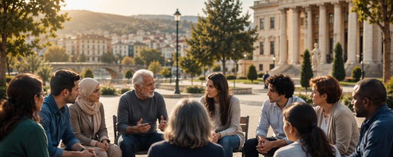 Community members in dialogue in a public square outside a civic building